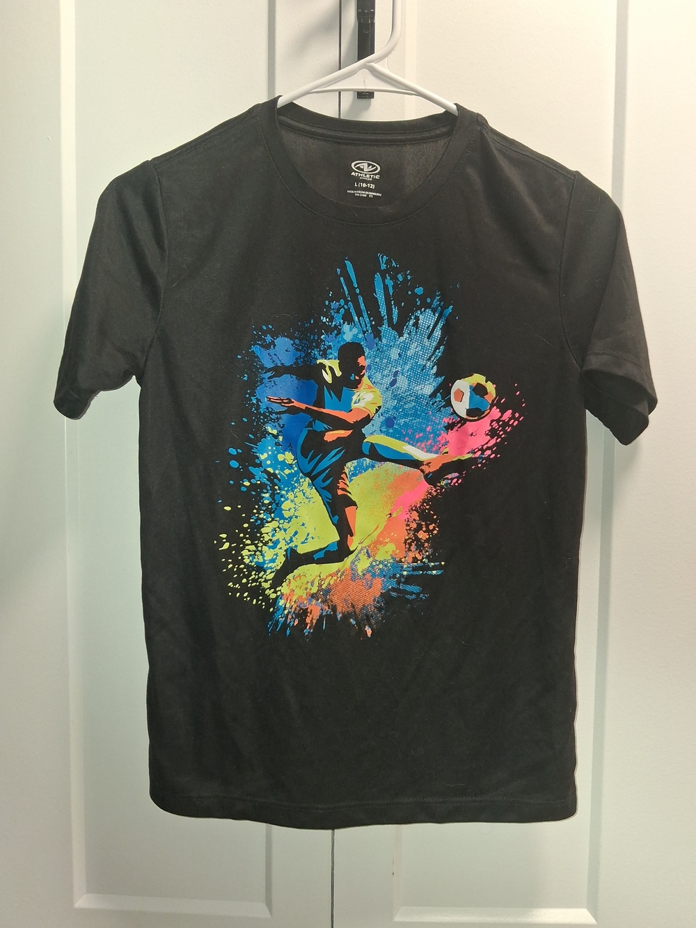 Athletic Works Black Tee with Vibrant Soccer Splash Graphic